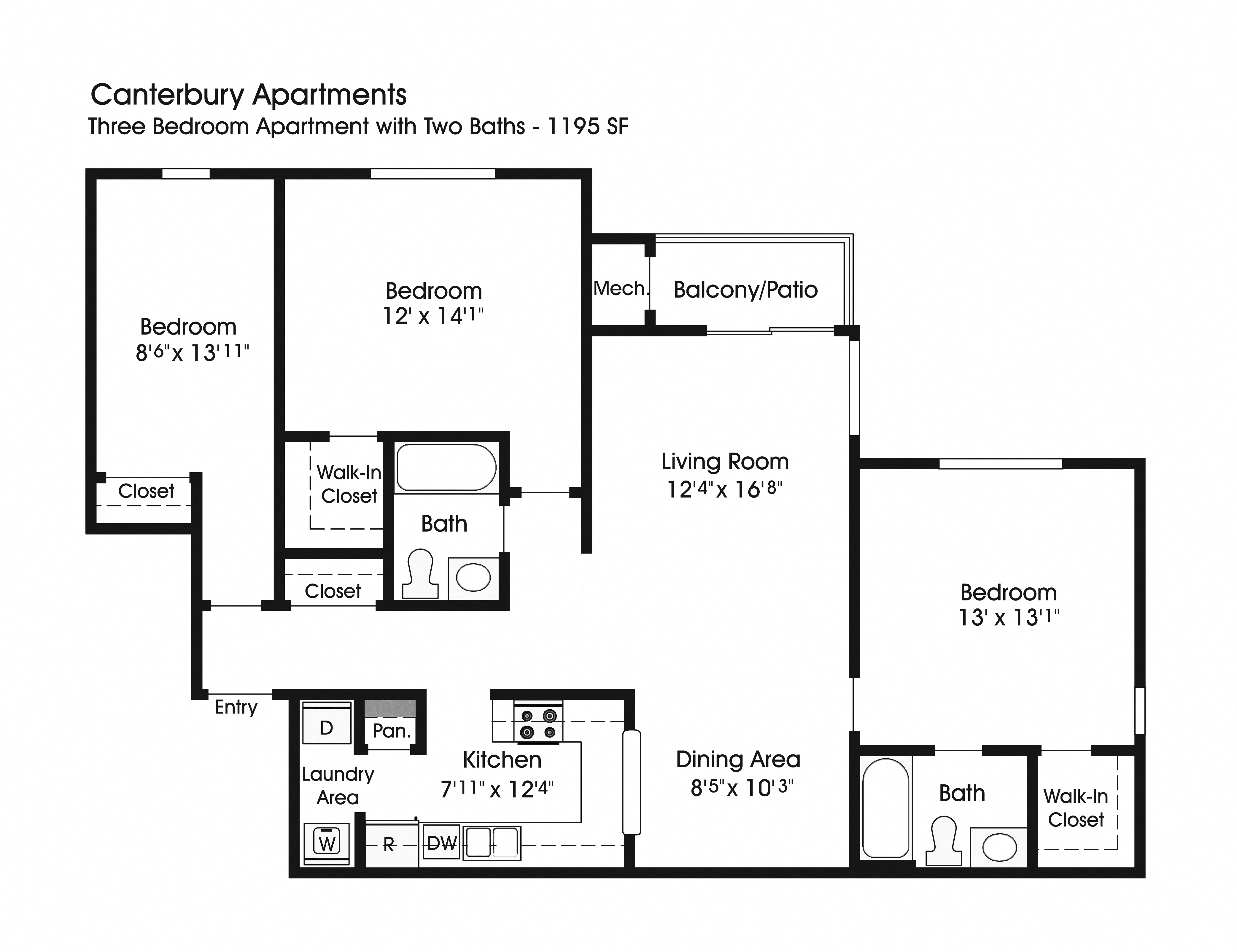 Floor plan for 3 beds, 2 baths, 1195 sqft